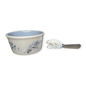 Pfaltzgraff Winter Frost Ceramic Dip Bowl w/Spreader Retired Pine Bough 5"